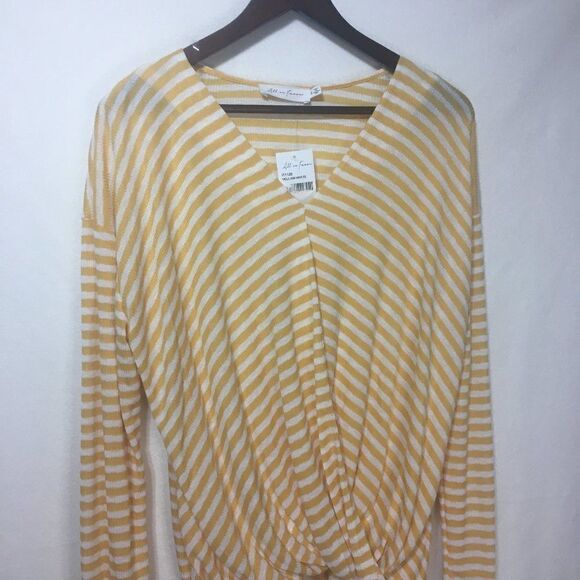 All In Favor Yellow Striped Lettuce Hem Surplice Neck Top NWT Sz S - Picture 3 of 10